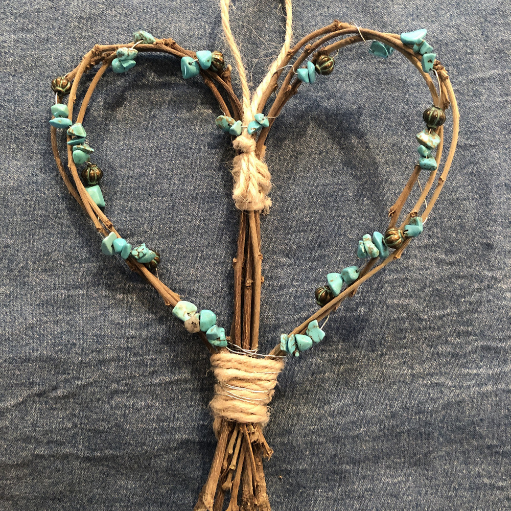 Turquoise twig heart with bead accents